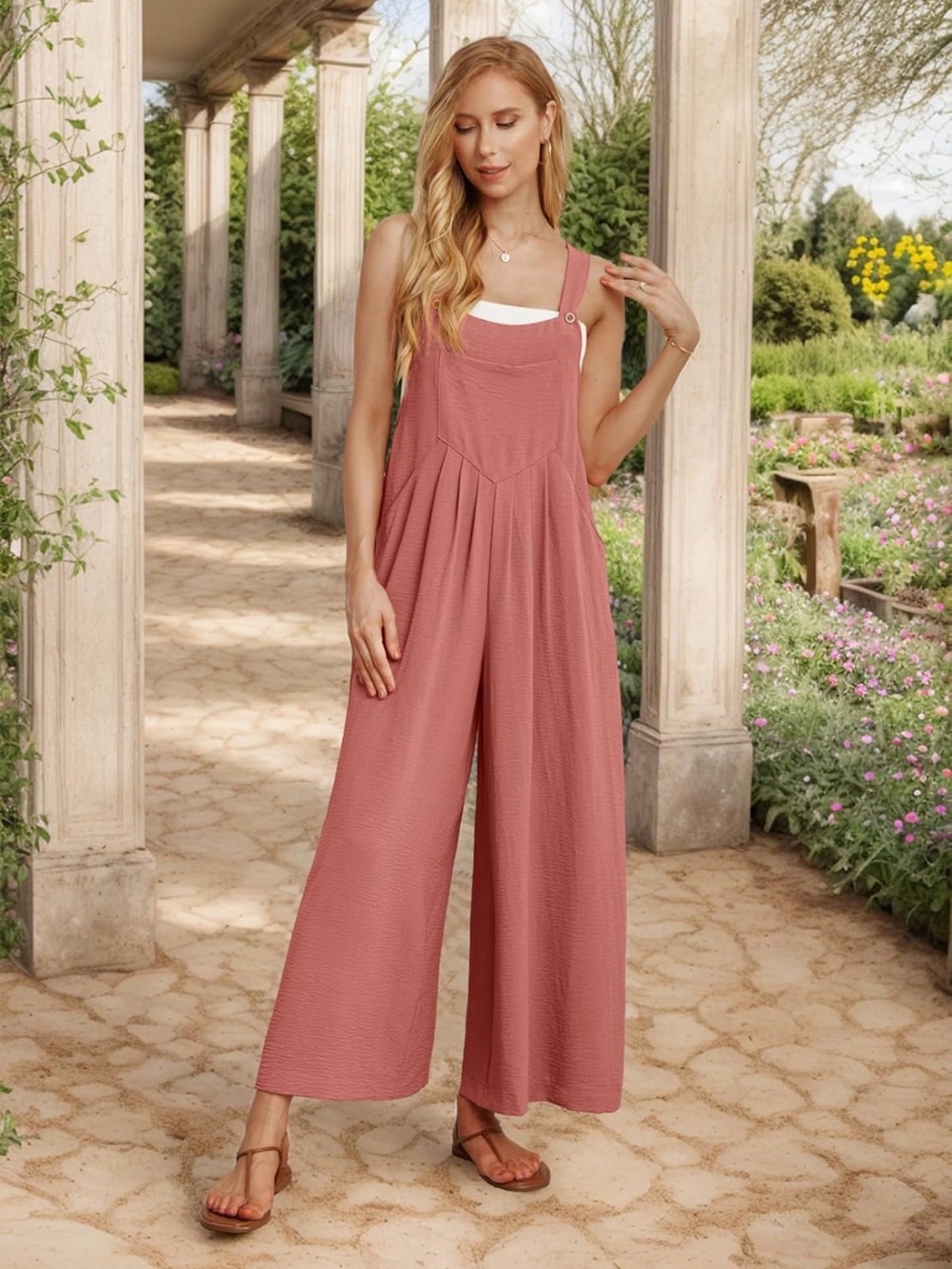 Wide Leg Boho Jumpsuit with Pockets Dusty Rose Size Large